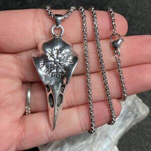 Viking Noridc Raven Skull With Vegvisir Compass Necklace Pendant
